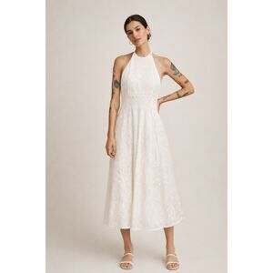 Zara Woman Lace Eyelet Halter Midi Dress White Sheer Boho Small Back Zip